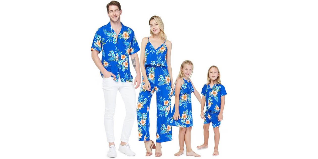 Matchable Family Hawaiian Luau Clothes in Hibiscus Blue