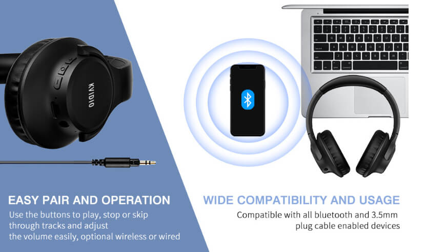 KVIDIO Bluetooth Headphones – 65H Playtime & HiFi Sound