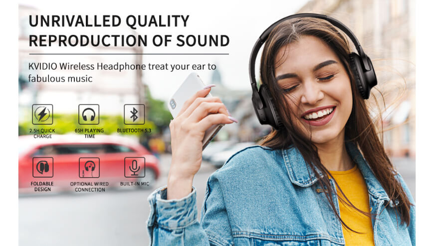 KVIDIO Bluetooth Headphones – 65H Playtime & HiFi Sound